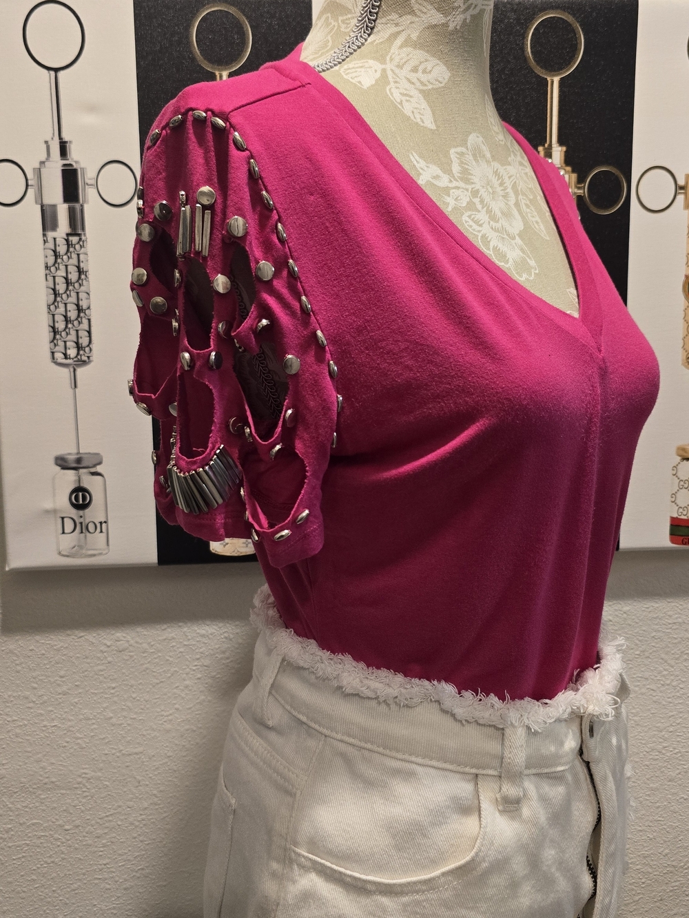 VENUS Hot Pink V-Neck Short Sleeve Top with Stud Accents